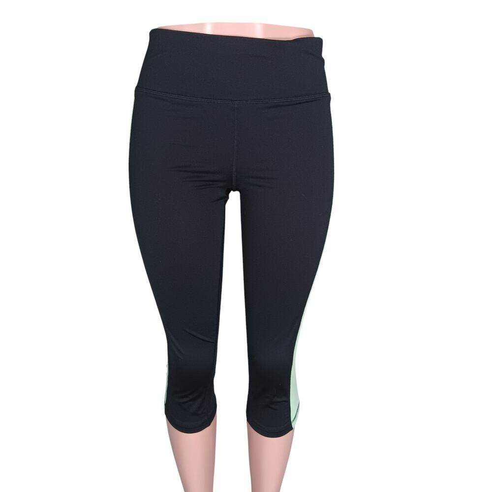 Ideology Capri Leggings Size M Black Green Neon Panels on Sides Waistband Pocket